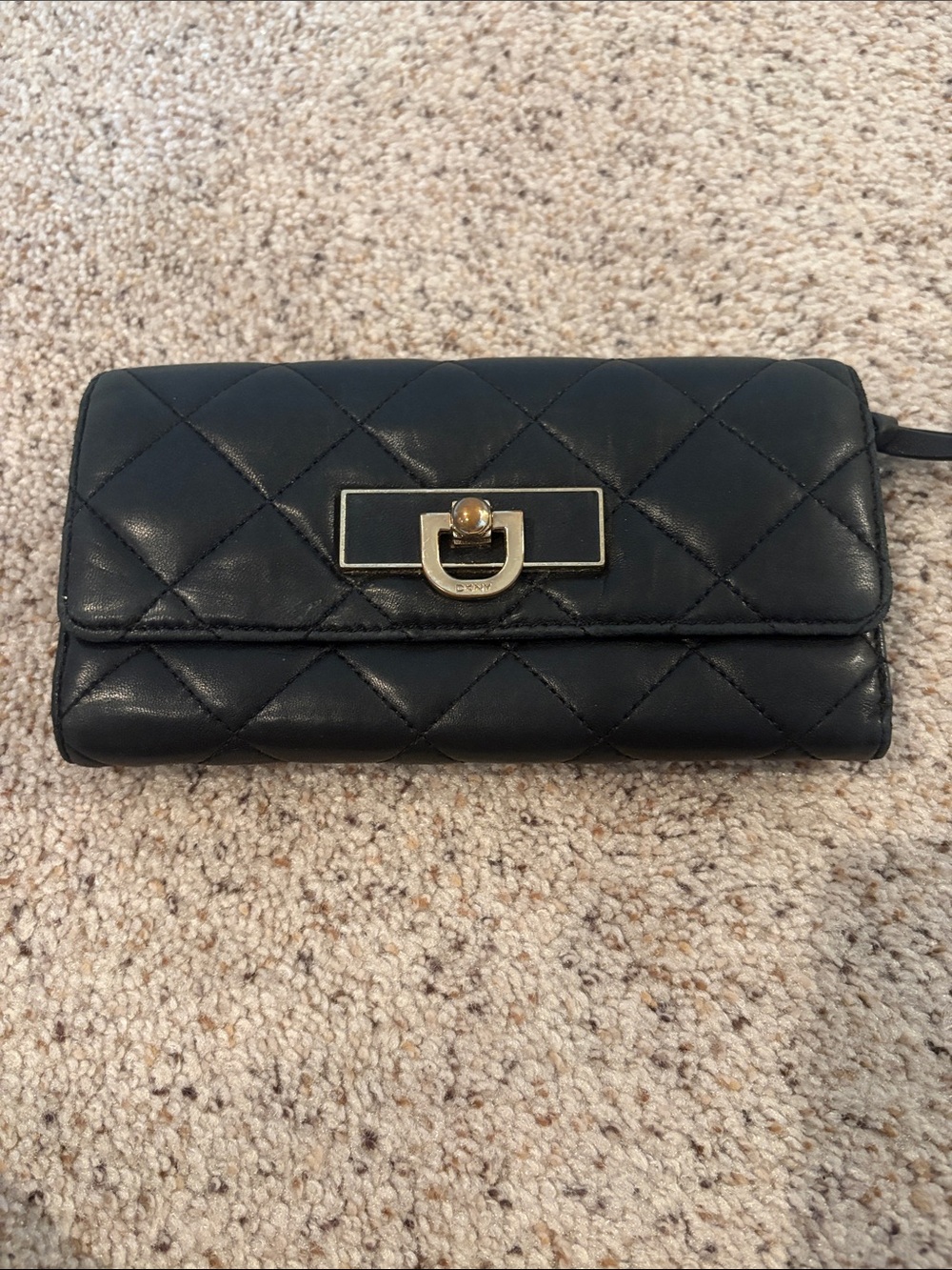 DKNY Black Quilted Leather Turn-Lock Wallet with Gold Hardware